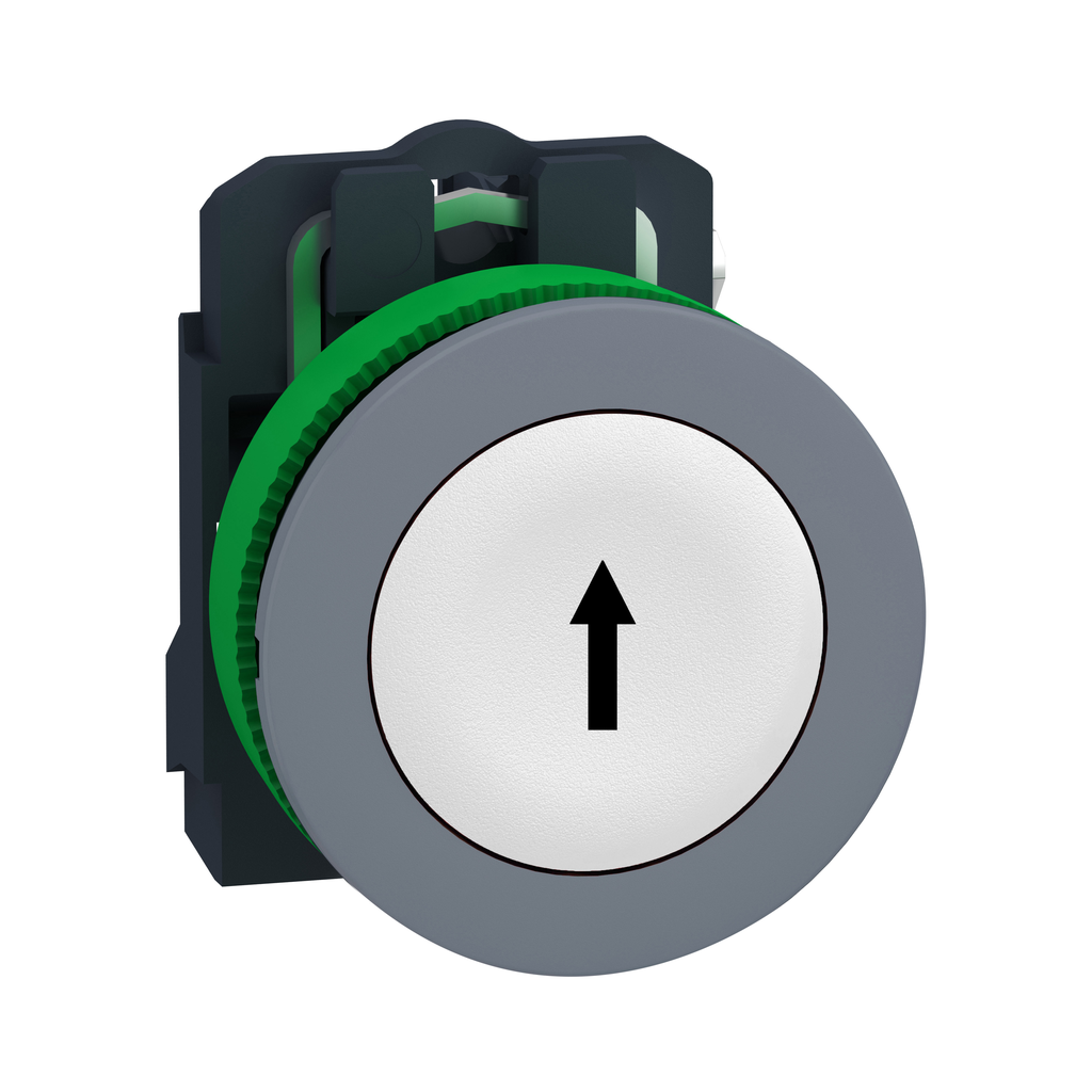 XB5FA3341C0 – Push button, Harmony XB5, flush mounted, plastic, white, 30mm, spring return, marked with black up arrow, 1 NO, grey color plated bezel