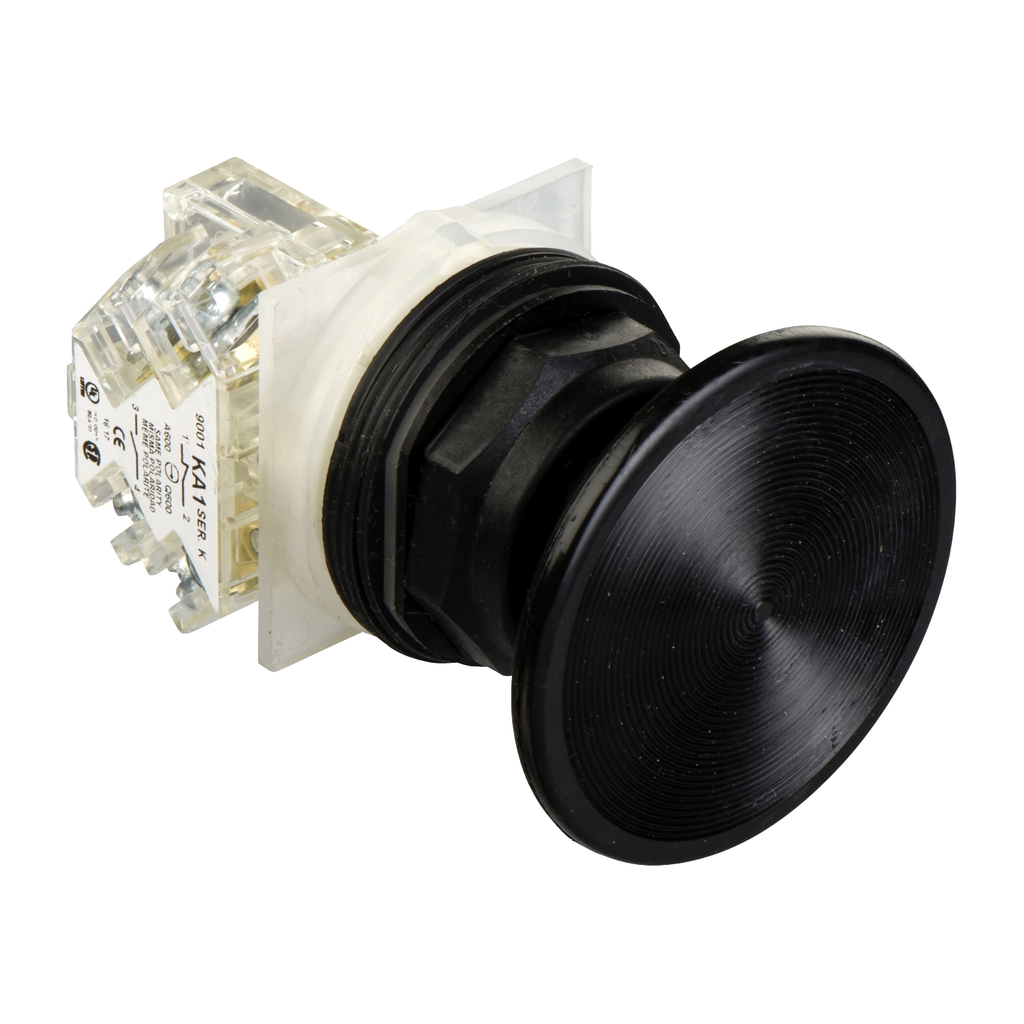 Mayer-DDS-Push-button, Harmony 9001SK, plastic, mushroom 57mm, black, 30mm, spring return, 1 NO-1