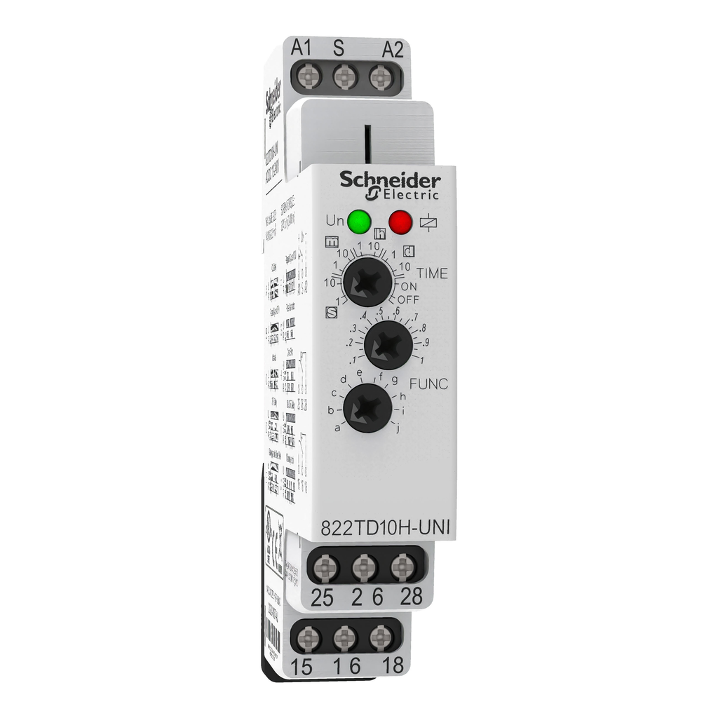 822TD10H-UNI – time delay relay, Legacy, DPDT, 100 ms to 10 days, DIN mounting support, 15A, 12…240V AC DC