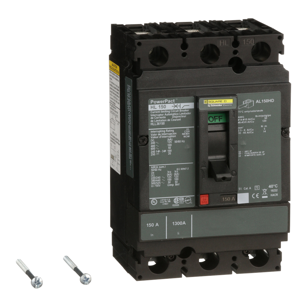 HLL36150 – Circuit breaker, PowerPacT H, 150A, 3 pole, 600VAC, 50kA, lugs, thermal magnetic, 80%
