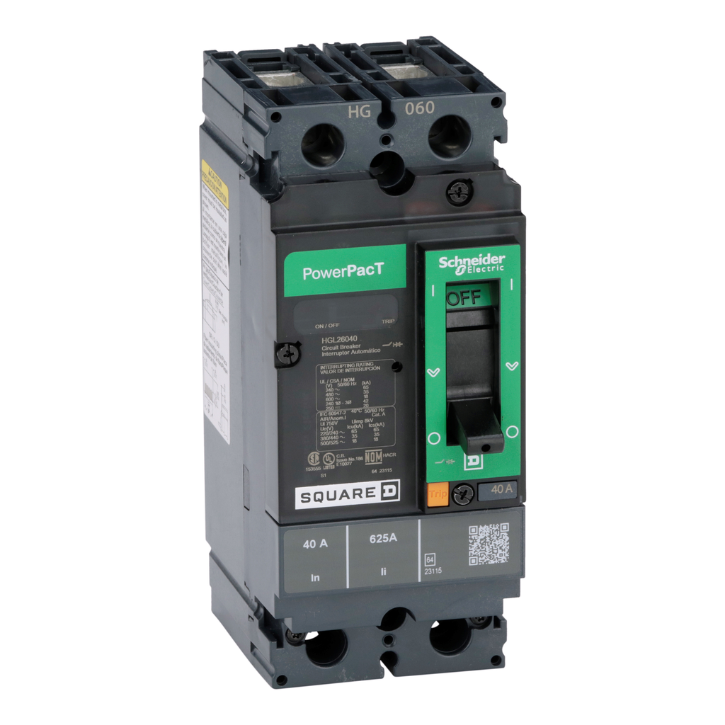 HGL26040 – Circuit breaker, PowerPacT H, 40A, 2 pole, 600VAC, 18kA, lugs, thermal magnetic, 80%