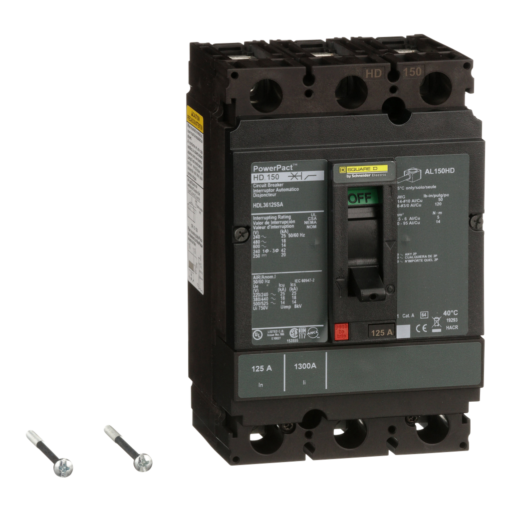 HDL36125SA – Circuit breaker, PowerPacT H, 125A, 3 pole, 600VAC, 14kA, lugs, thermal magnetic, 80%, shunt