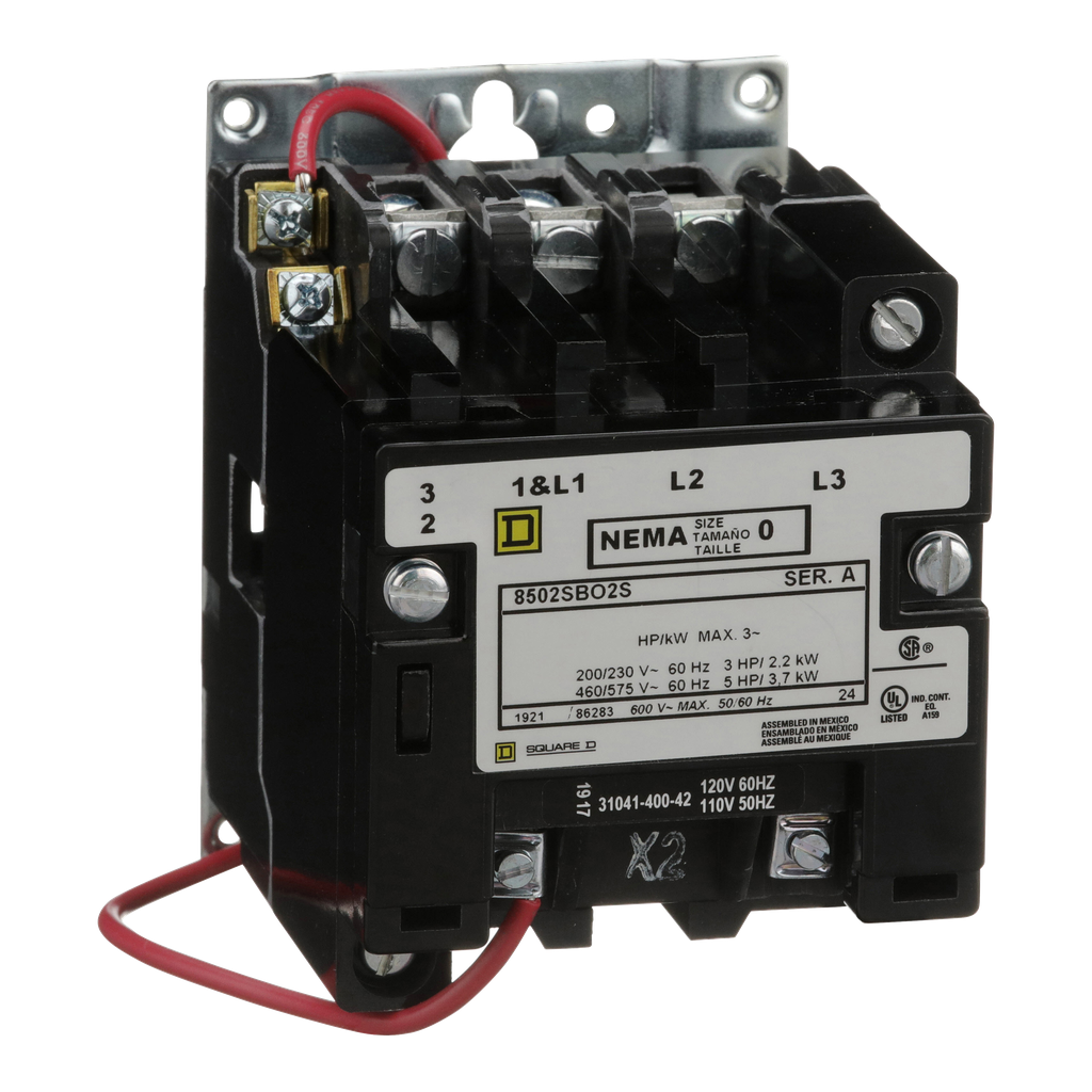 8502SBO2V02S – NEMA Contactor, Type S, nonreversing, Size 0, 18A, 5HP at 575VAC, 3 phase, up to 100kA, 3 pole, 120VAC coil, open