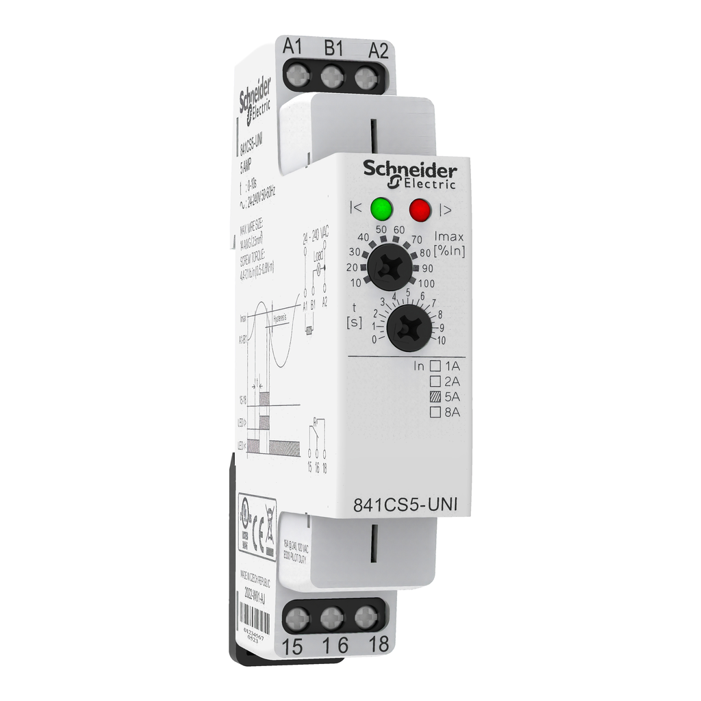 841CS5-UNI – Current sensor relay, SE Relays, SPDT, 15A, 24 to 240 VAC, 1 time scale, 500 mA to 5 A, DIN mounting