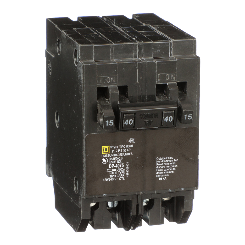 HOMT1515240 – Tandem circuit breaker, Homeline, 2 x 1 pole at 15A, 1 x 2 pole at 40A, 120/240VAC, 10kA AIR, plug in, UL