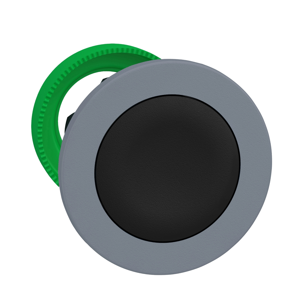 Mayer-DDS-Harmony XB5, Flush mounted push button head, plastic, black, 30mm, spring return, unmarked, grey bezel-1