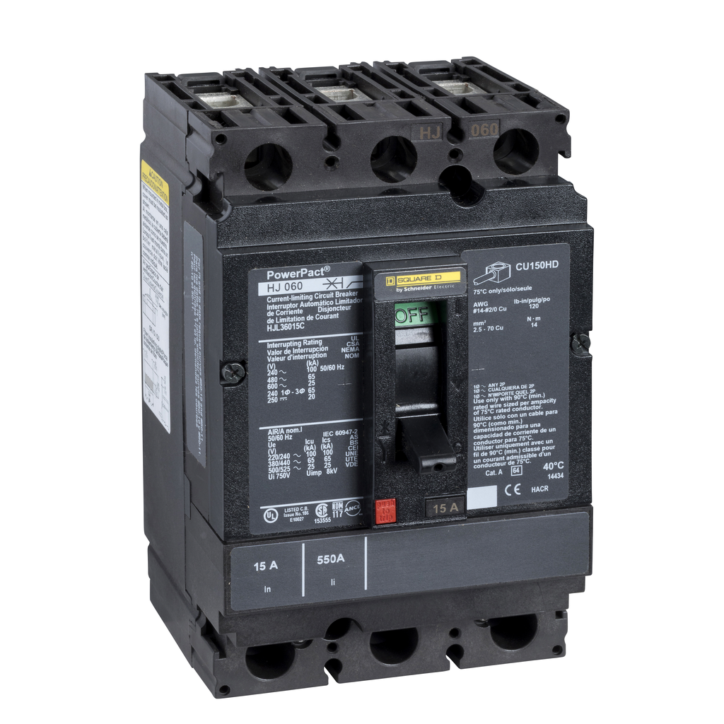 HJL36015C – Circuit breaker, PowerPacT H, 15A, 3 pole, 600VAC, 25kA, lugs, thermal magnetic, 100%