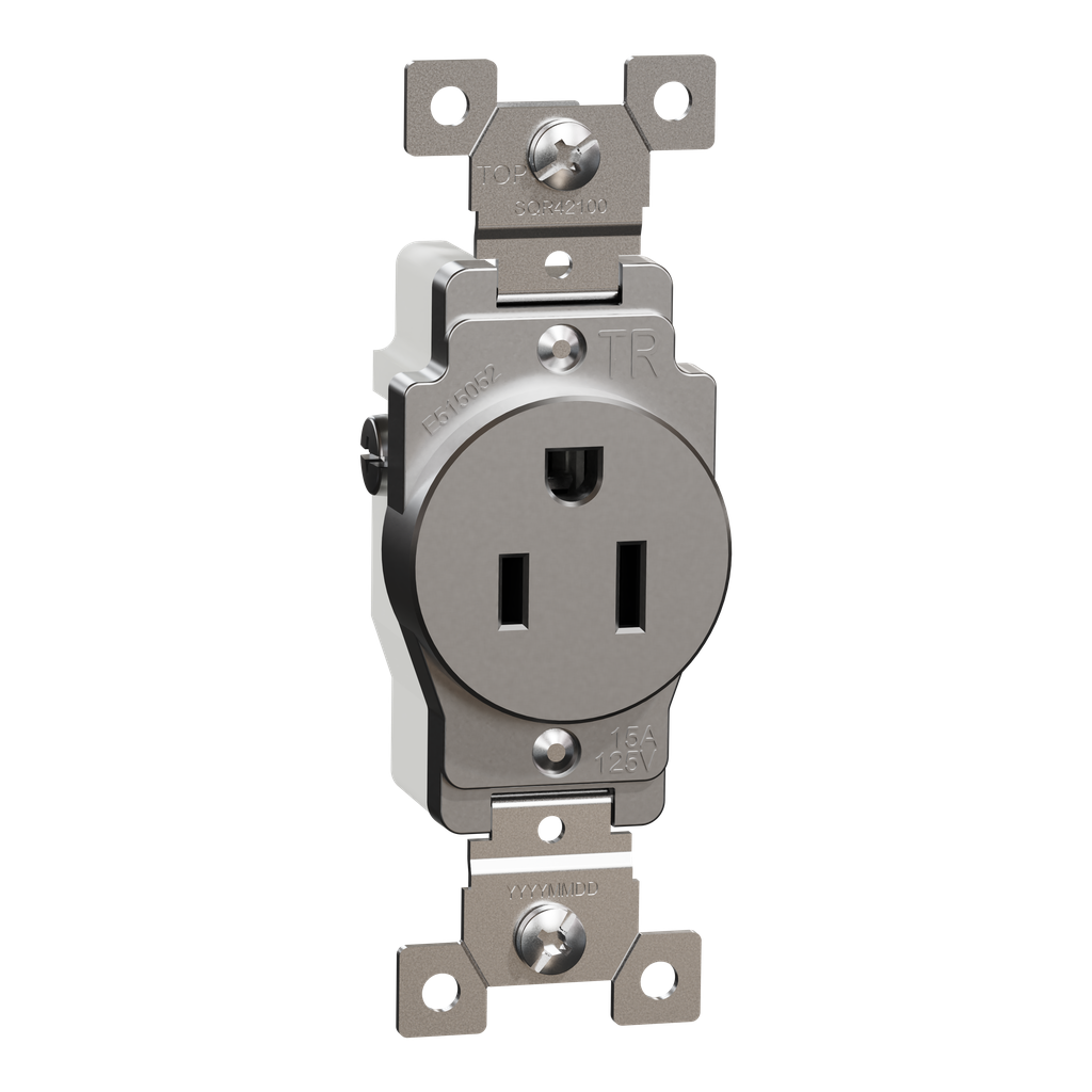SQR42100GY – Socket-outlet, X Series, 15A, standard, single, tamper resistant, commercial, gray, matte finish