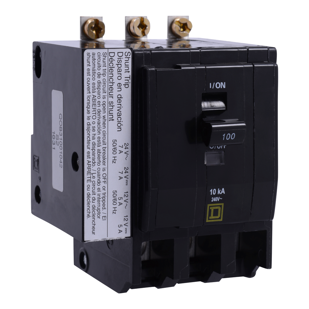 QOB31001200 – Mini circuit breaker, QO, 100A, 3 pole, 120/240VAC, 10kA, bolt on, aux switch 1A