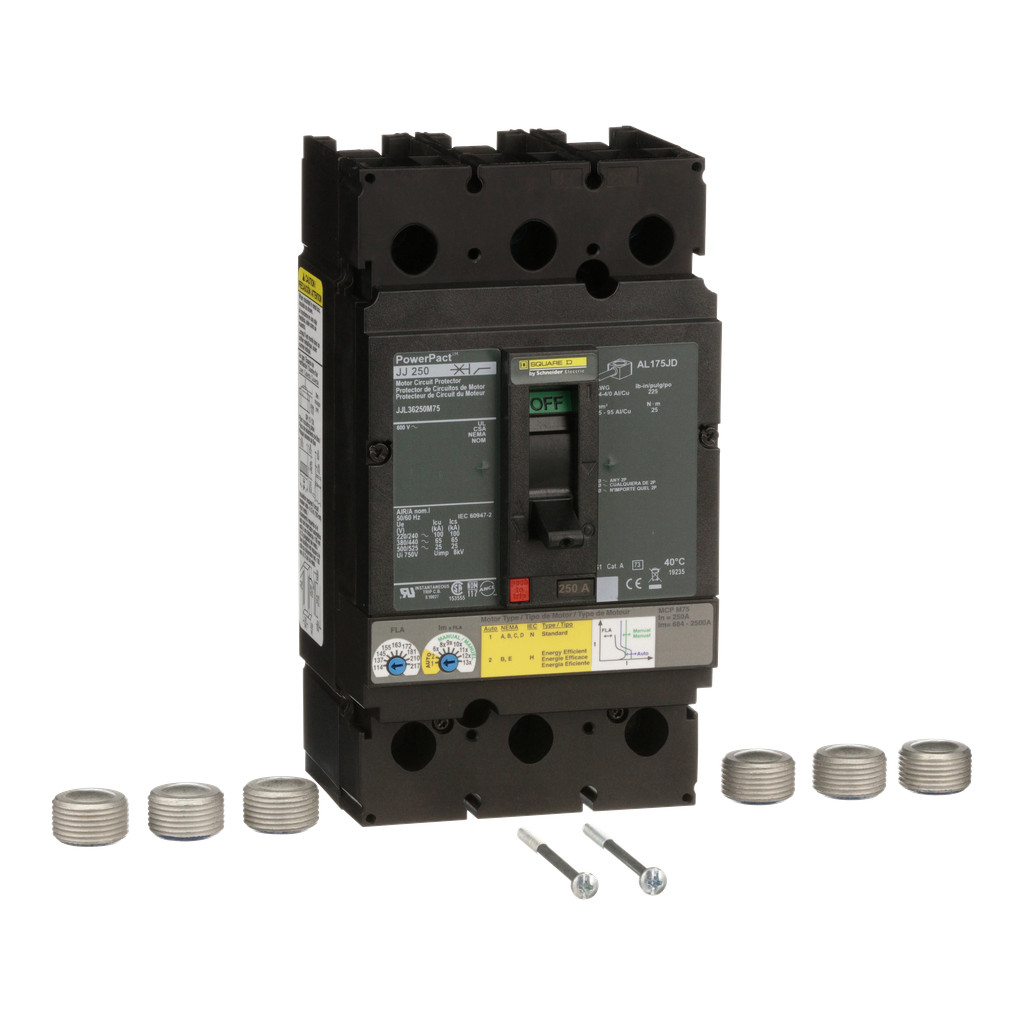 JJL36250M75 – Motor circuit protector, PowerPacT J, 250A, 3 pole, 600VAC, 25kA, lugs, thermal magnetic, 80%