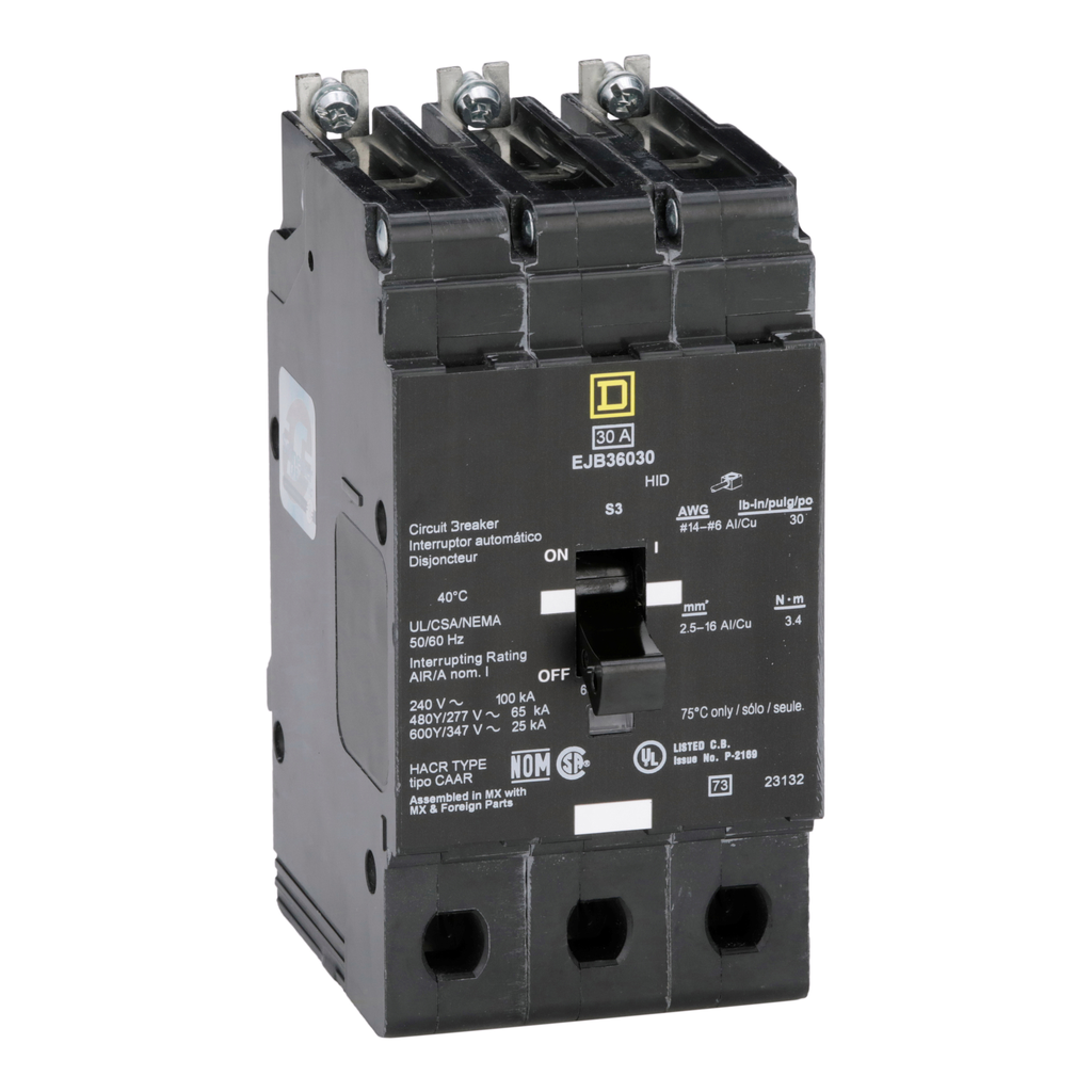 EJB36030 – Mini circuit breaker, E-Frame, 30A, 3 pole, 600Y/347VAC, 100kA max, bolt on