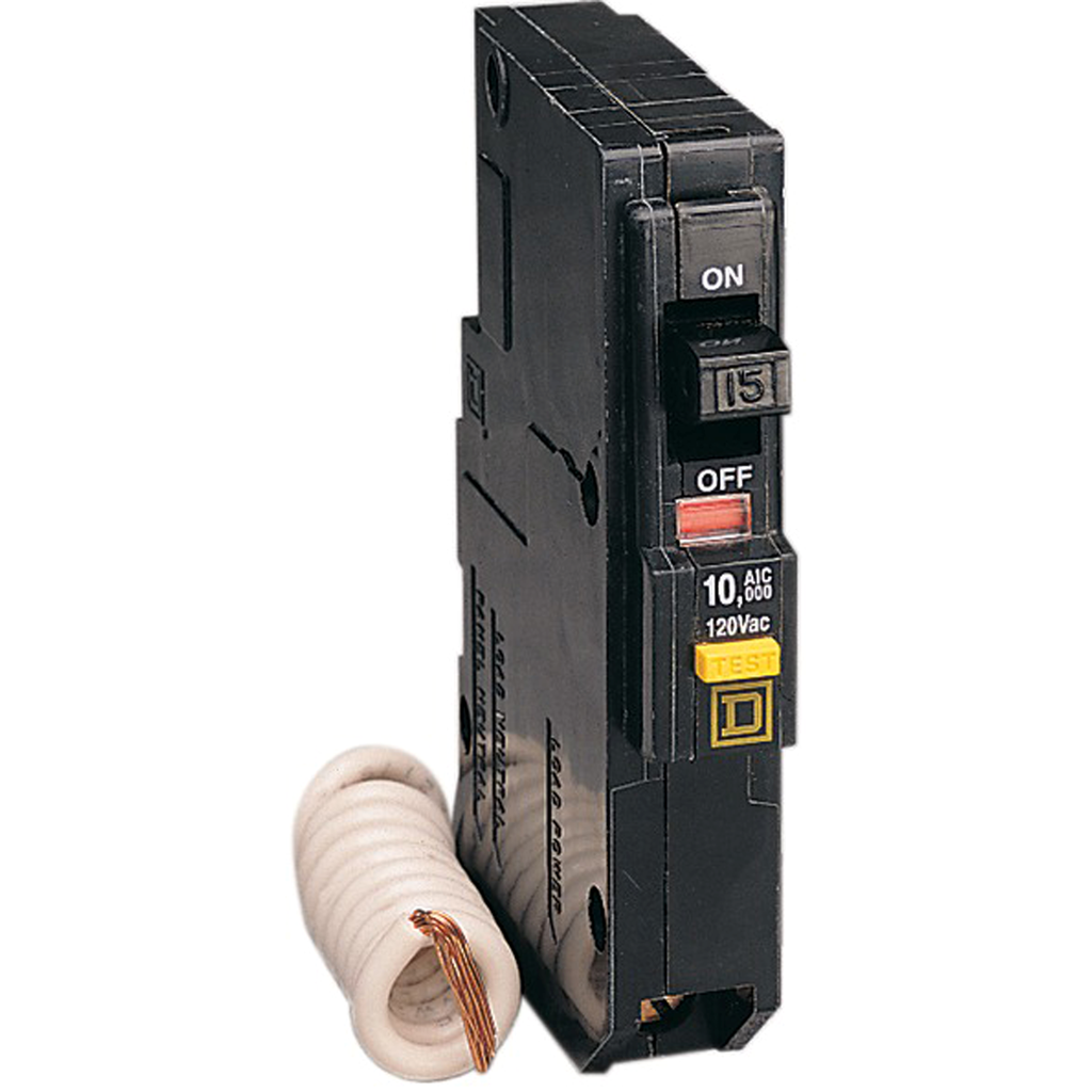 QO115GFICP – Mini circuit breaker, QO, 15A, 1 pole, 120VAC, 10kA, plug in, 6mA grd fault A, pigtail, consumer pack