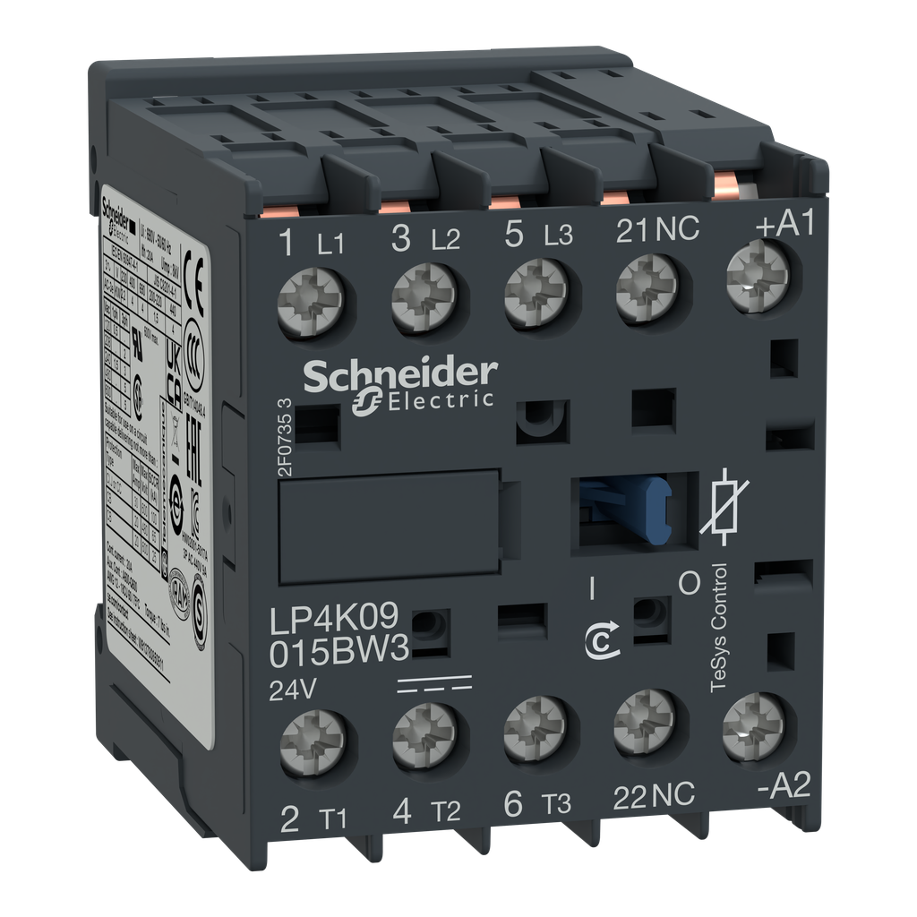 LP4K09015BW3 – Contactor, TeSys K, 3P, AC-3, lt or eq to 440V, 9A, 1 NC aux, 24VDC coil
