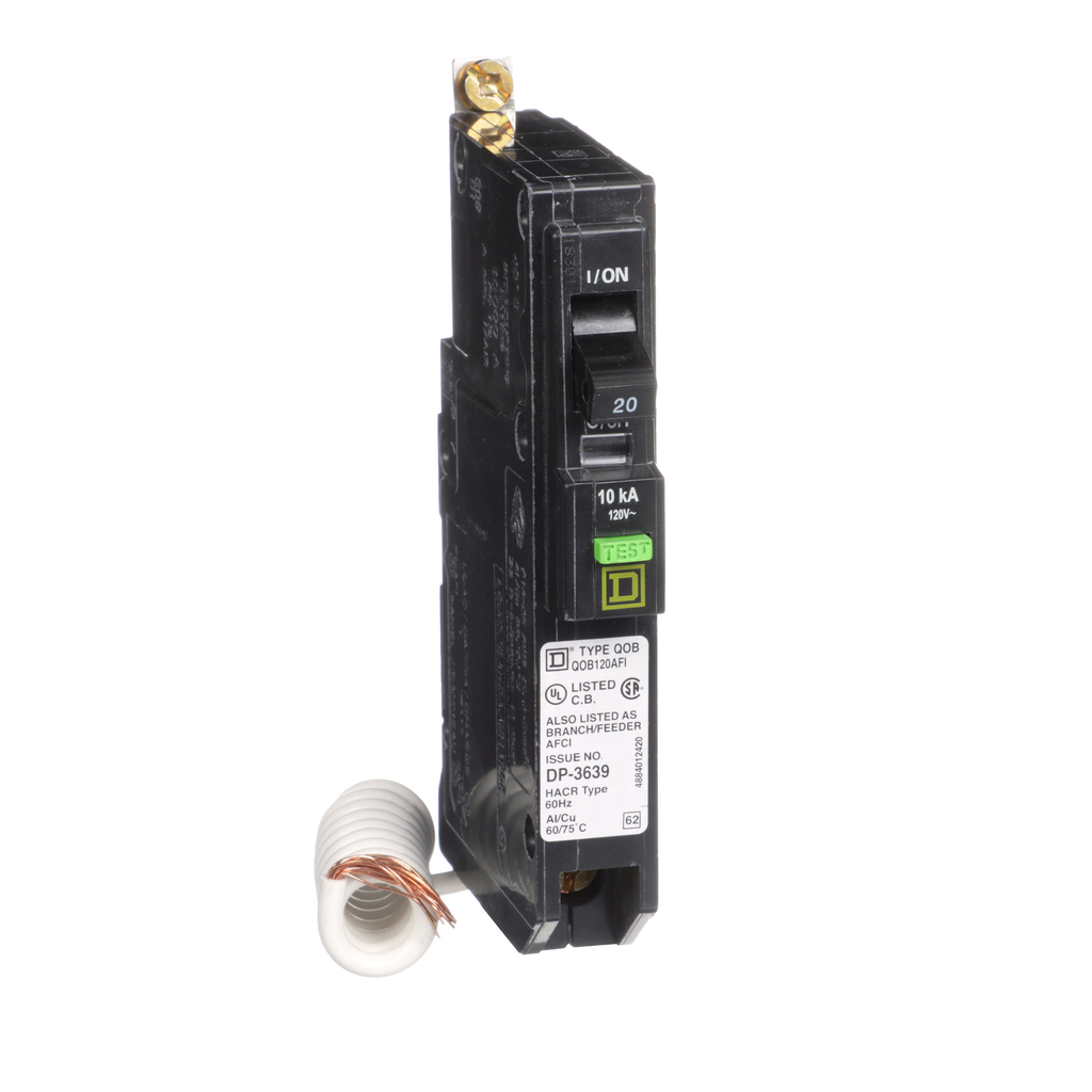 Mayer-DDS-Mini circuit breaker, QO, 20A, 1 pole, 120VAC, 10kA, bolt on, ARC fault, pigtail-1