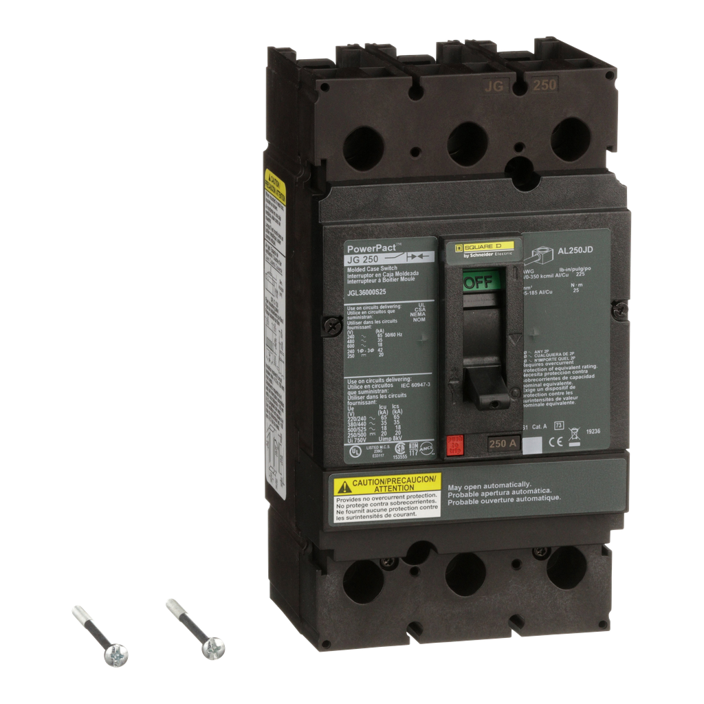 JGL36000S25 – Automatic switch, PowerPacT J, 250A, 3 pole, 600VAC, 18kA, lugs, magnetic