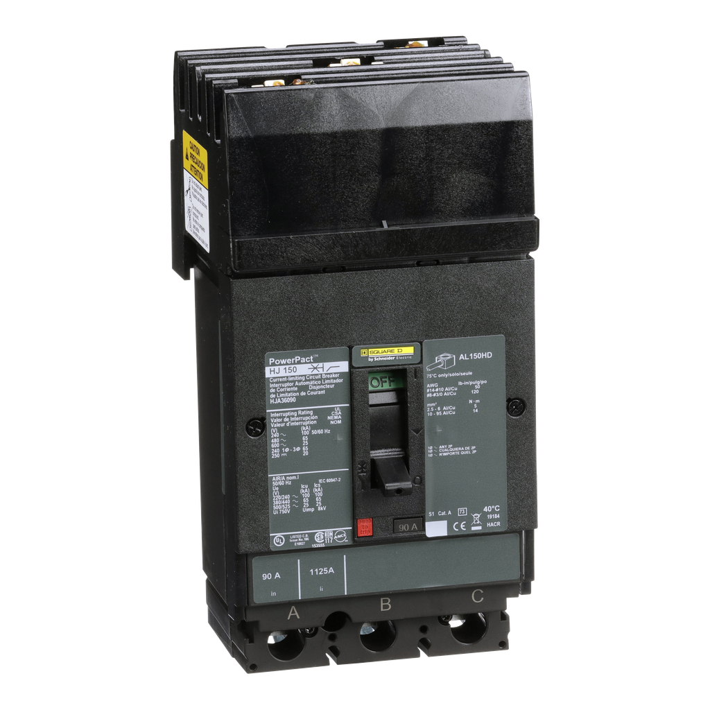 HJA36090 – Circuit breaker, PowerPacT H, 90A, 3 pole, 600VAC, 25kA, I-Line, thermal magnetic, 80%, ABC