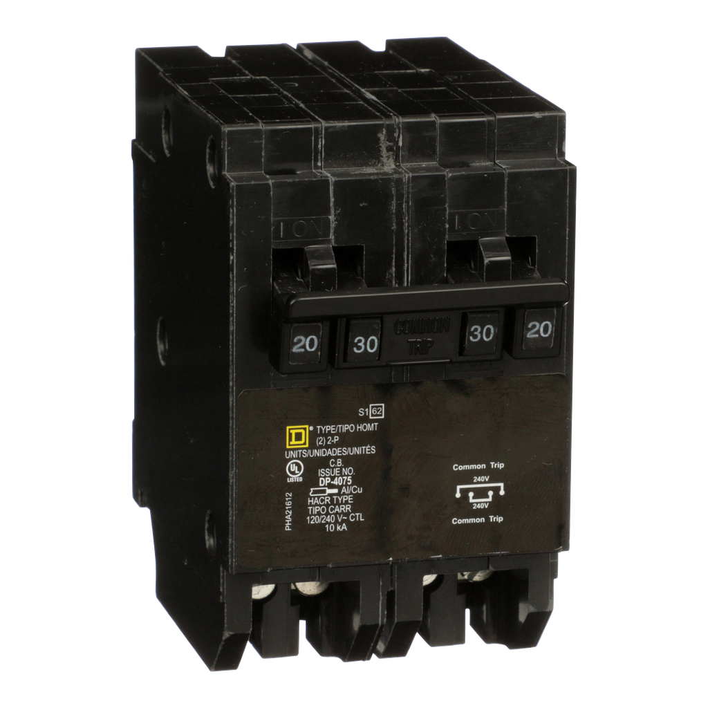 HOMT220230 – Quad tandem circuit breaker, Homeline, 1 x 2 pole at 20A, 1 x 2 pole at 30A, 120/240 V, 10kA AIR, plug in, UL