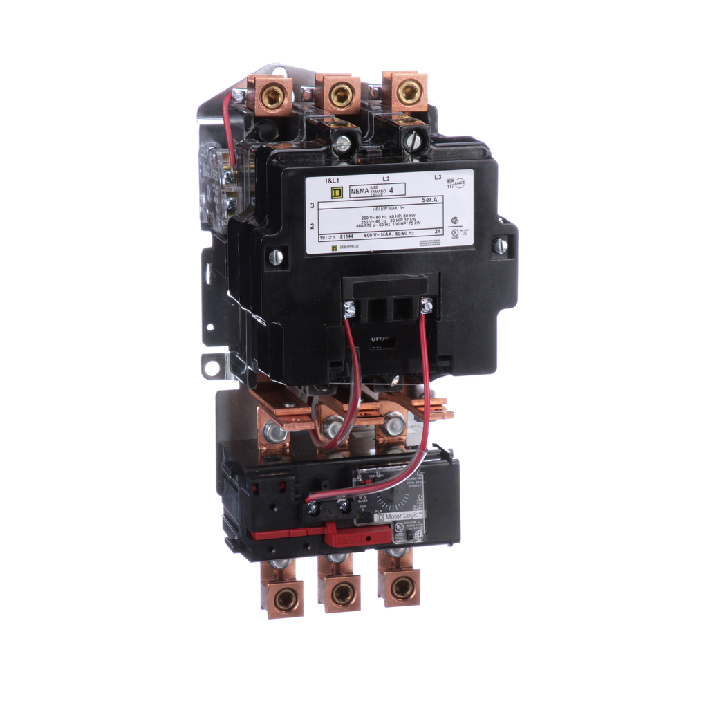 8536SFO1V03H30 – NEMA Motor Starter, Type S, nonreversing, Size 4, 135A, 100 HP at 460 VAC, up to 100 kA SCCR, 3 phase, 3 pole, Motor Logic, 240 VAC coil, open