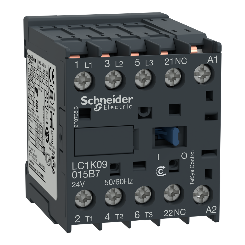 LC1K06015F7 – Contactor, TeSys K, 3P, AC-3, lt or eq to 440V 6A, 1 NC aux., 110VAC coil