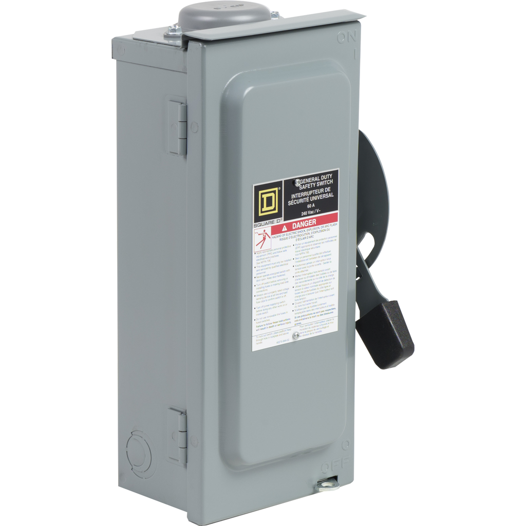 CD222NRB – Safety switch, general duty, fusible, 60A, 120/240VAC, 2 poles, 15HP, solid neutral, NEMA 3R with bolt on hub provision