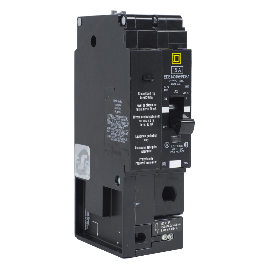 EGB14030EPDBA – Mini circuit breaker, E-Frame, 30A, 1 pole, 277VAC, 65kA max, bolt on, 30mA ground fault protection, alarm switch