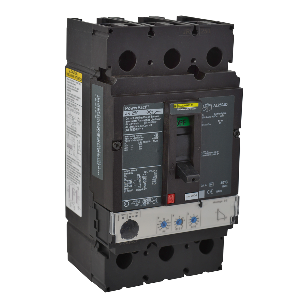 JRL36250U31X – Circuit breaker, PowerPacT J, 250A, 3 pole, 600VAC, 100kA, lugs, Micrologic 3.2, 80%