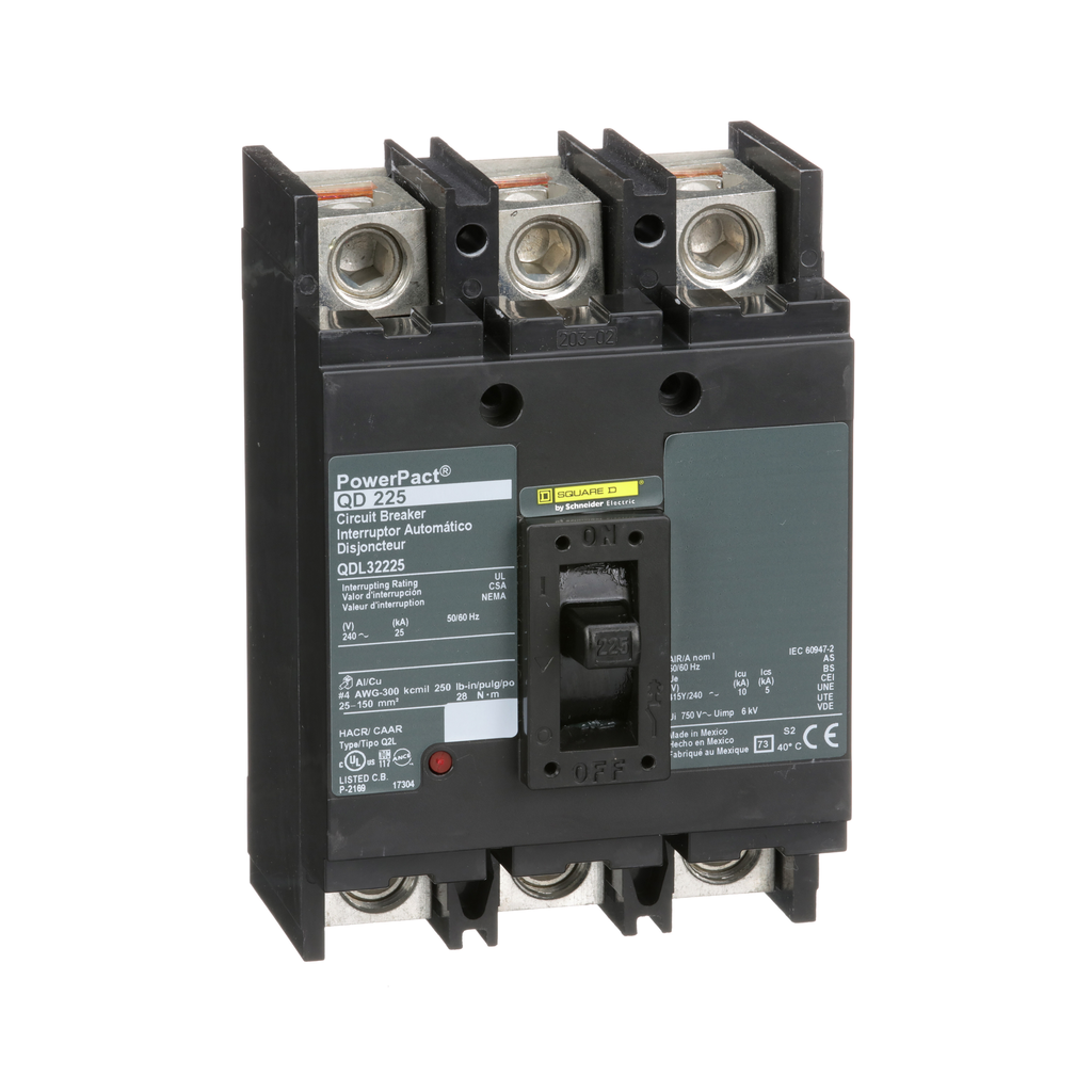 QDL32225 – Circuit breaker, PowerPacT Q, 225A, 3 pole, 240VAC, 25kA, lugs, thermal magnetic, 80%