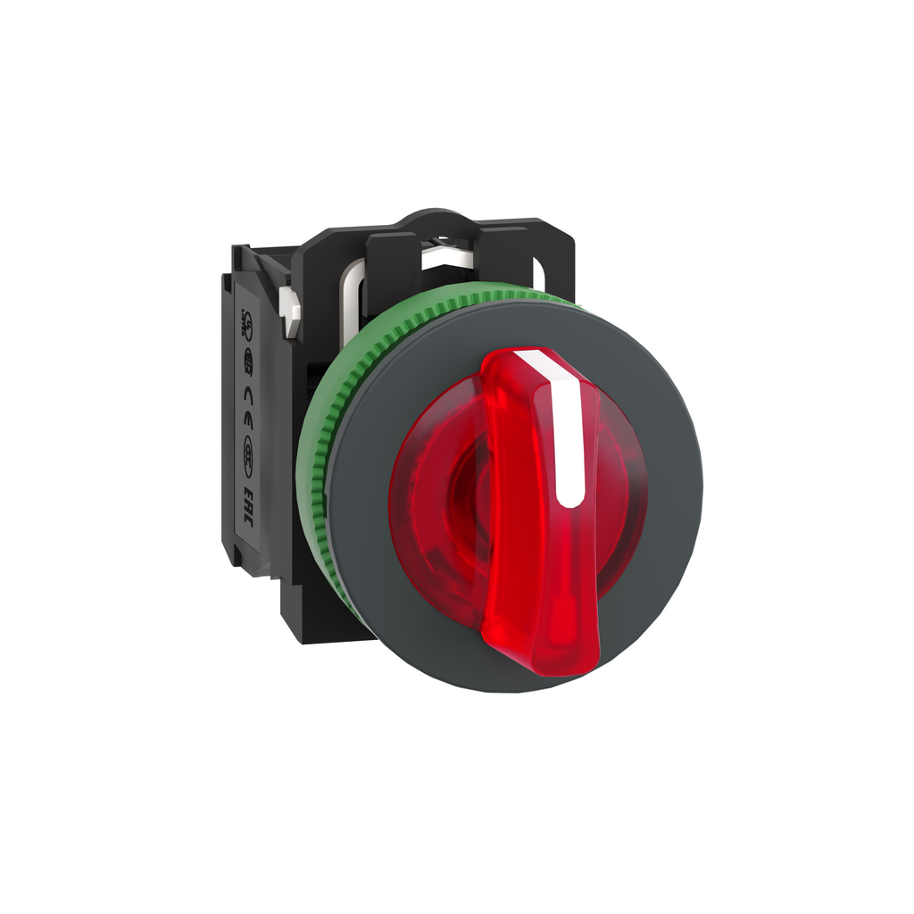 XB5FK134B5 – Illuminated selector switch, Harmony XB5, grey plastic, red handle, 30mm, universal LED, 3 positions, 1NO   1NC, 24V AC DC