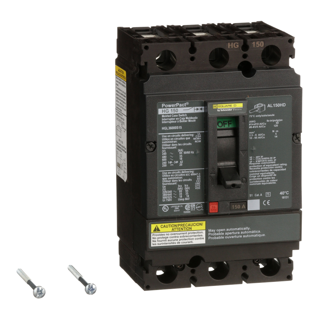 HGL36000S15 – Automatic switch, PowerPacT H, 150A, 3 pole, 600VAC, 18kA, lugs, magnetic