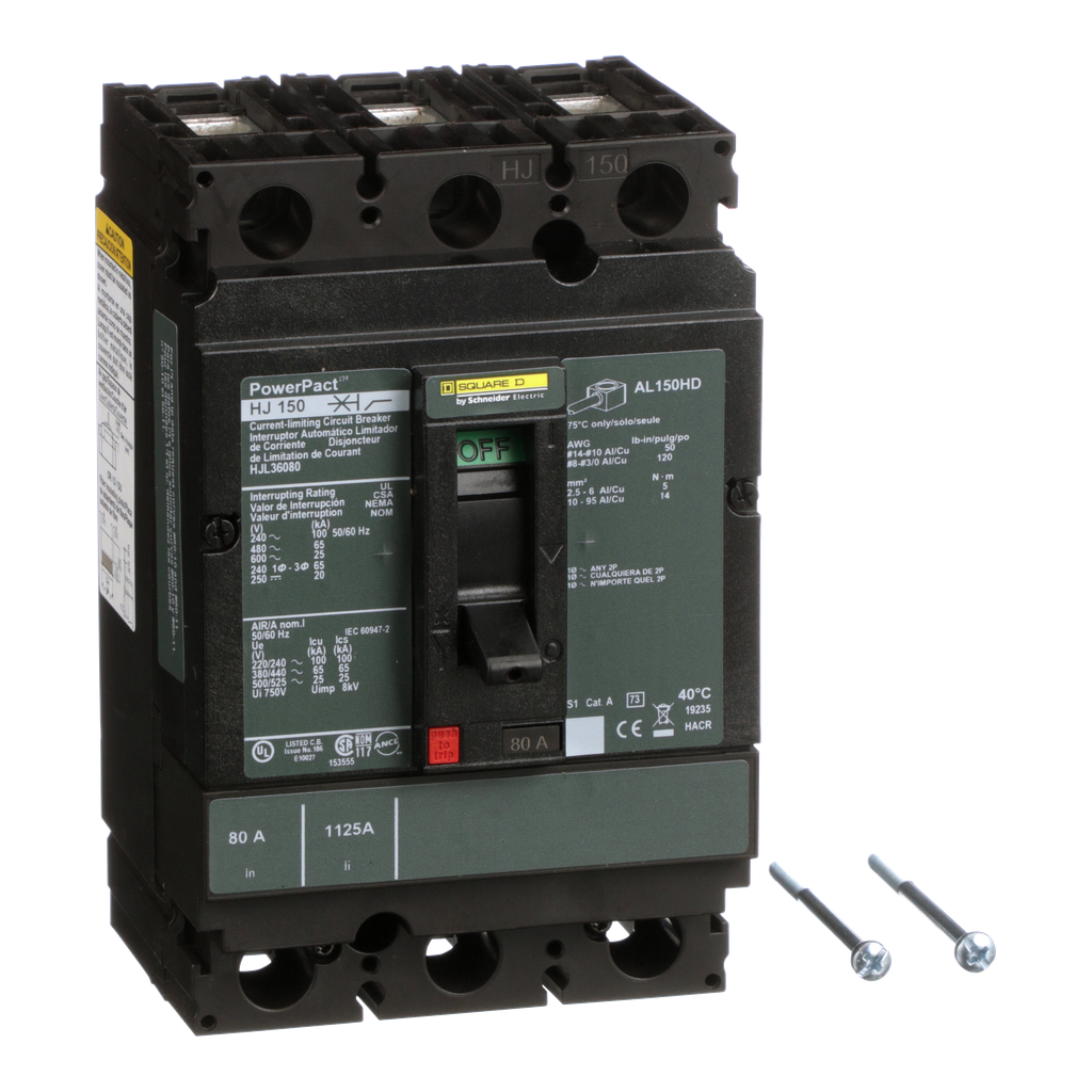 HJL36080 – Circuit breaker, PowerPacT H, 80A, 3 pole, 600VAC, 25kA, lugs, thermal magnetic, 80%