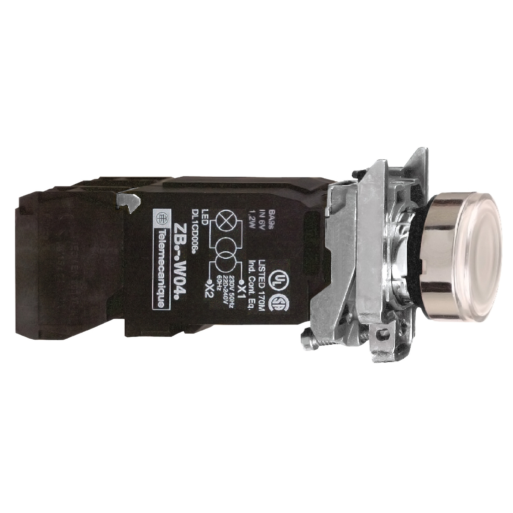 Mayer-DDS-Illuminated push button, Harmony XB4, white flush, 22mm, spring return, 1NO + 1NC, 110...120V-1