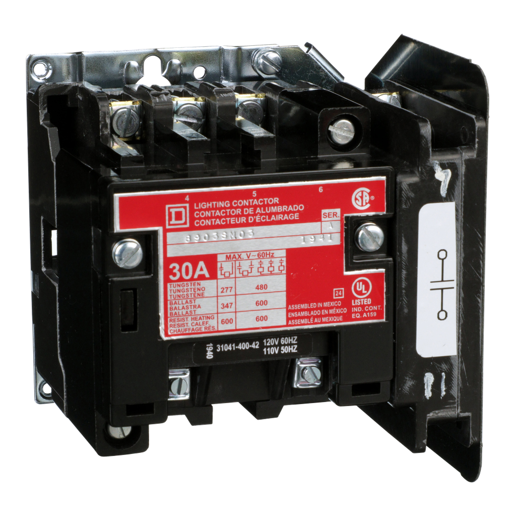8903SMO3V02 – Contactor, Type S, multipole lighting, electrically held, 30A, 4 pole, 110/120VAC 50/60Hz coil, open style