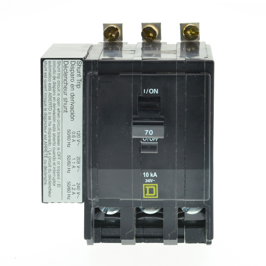 QOB3705274 – Mini circuit breaker, QO, 70A, 3 pole, 120/240VAC, 10kA, bolt on, AC shunt, ring