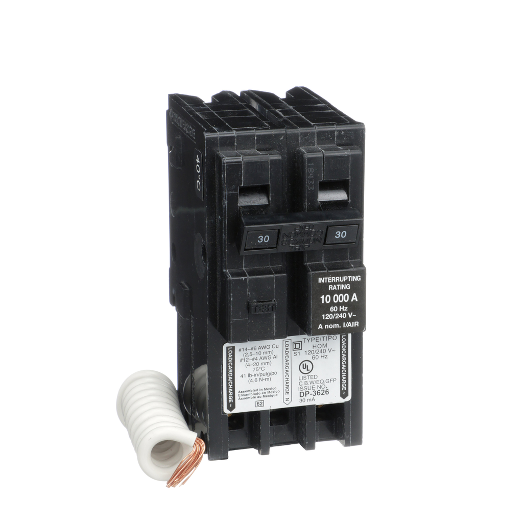 HOM230EPD – Mini circuit breaker, Homeline, 30A, 2 pole, 120/240VAC, 10kA AIR, ground fault class B, plug in, UL