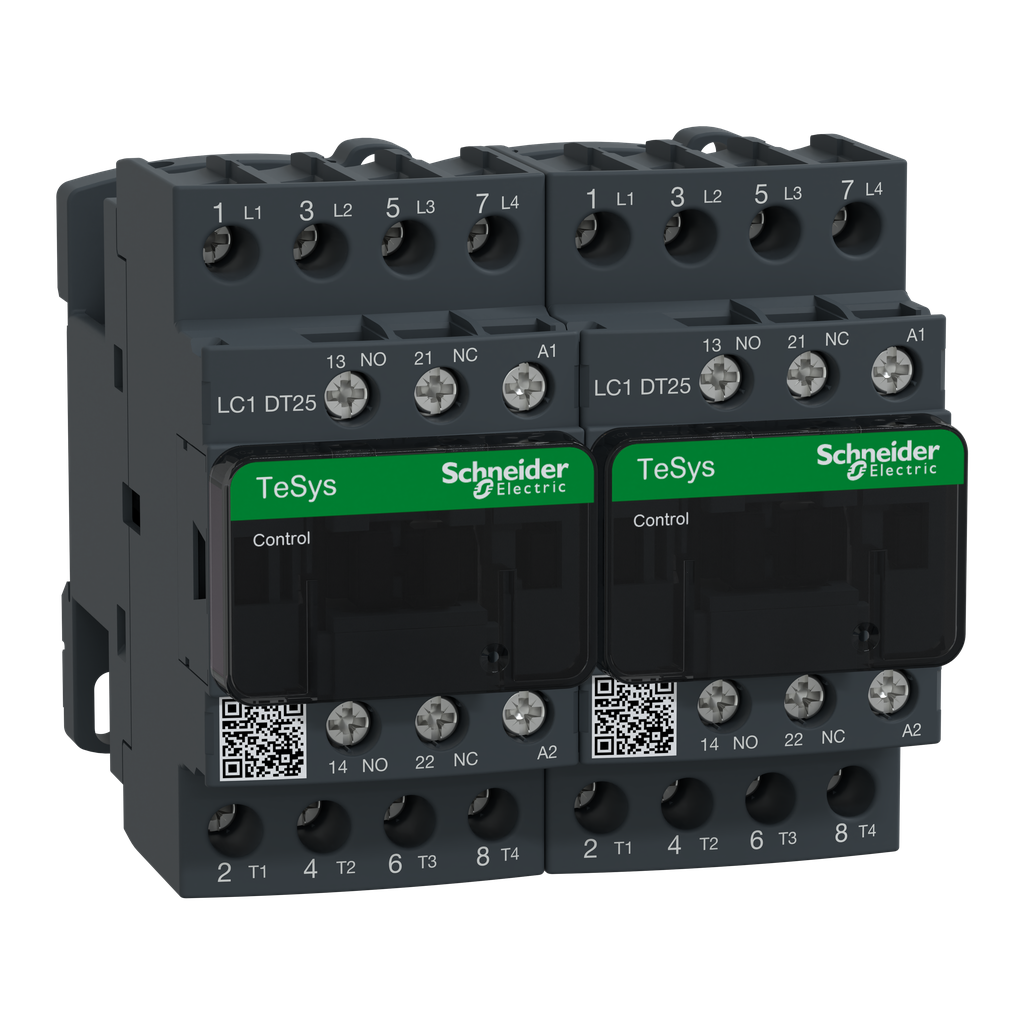 LC2DT25G7 – IEC contactor, TeSys Deca, reversing, 25A resistive, 4 pole, 4 NO, 120VAC 50/60Hz coil, open style