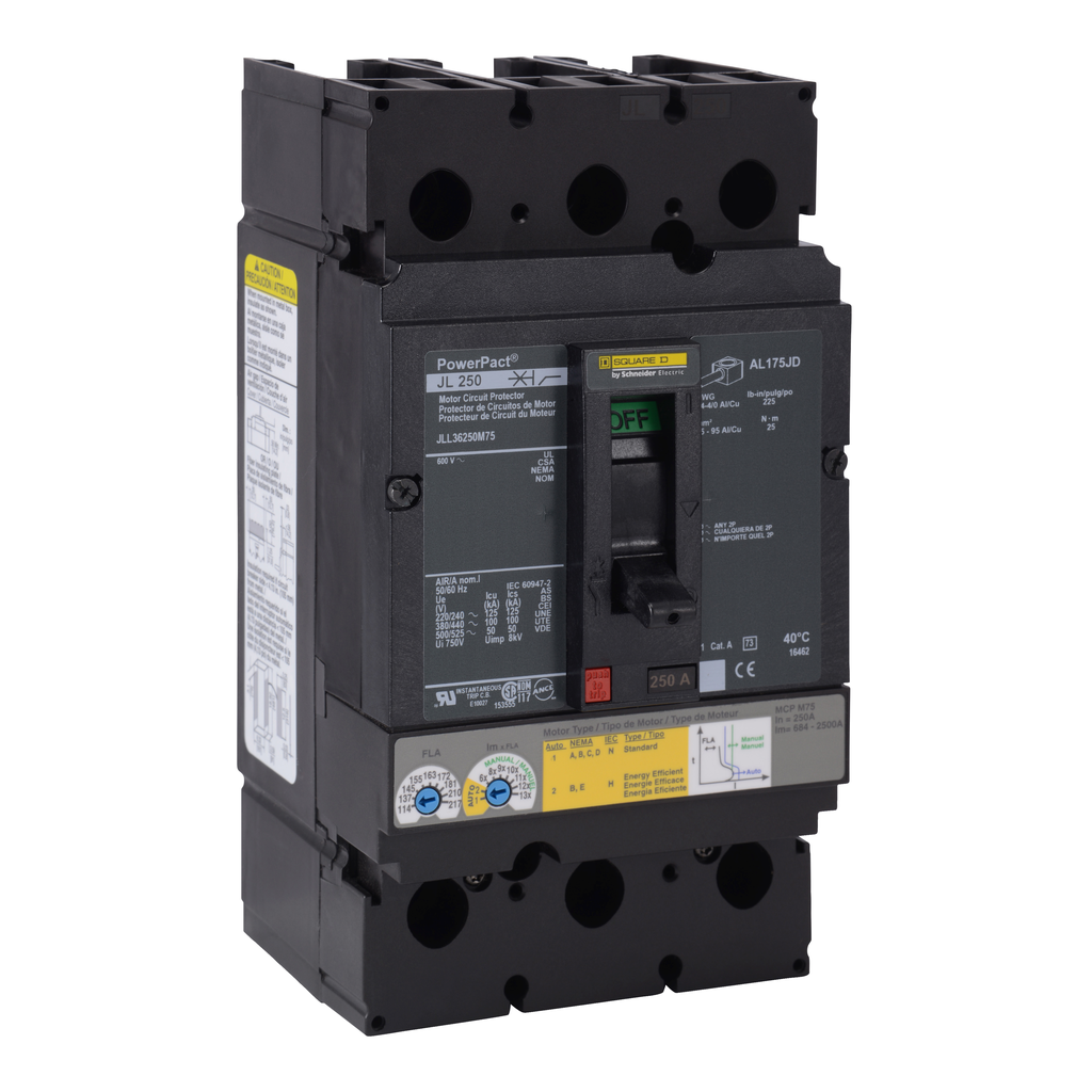 JLL36250M75 – Motor circuit protector, PowerPacT J, 250A, 3 pole, 600VAC, 50kA, lugs, thermal magnetic, 80%