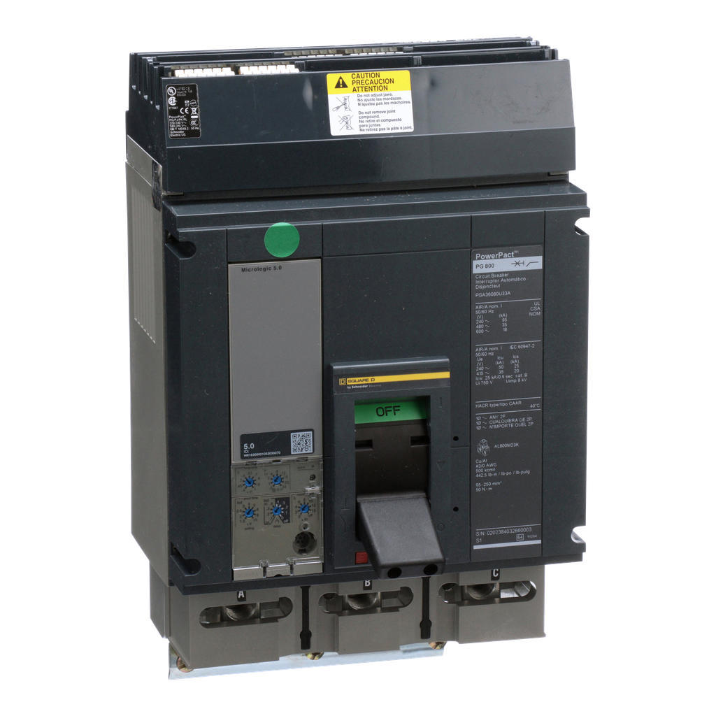 PGA36080U33A – Circuit breaker, PowerPacT P, 800A, 3 pole, 600VAC, 18kA, I-Line, Micrologic 5.0, 100%, ABC