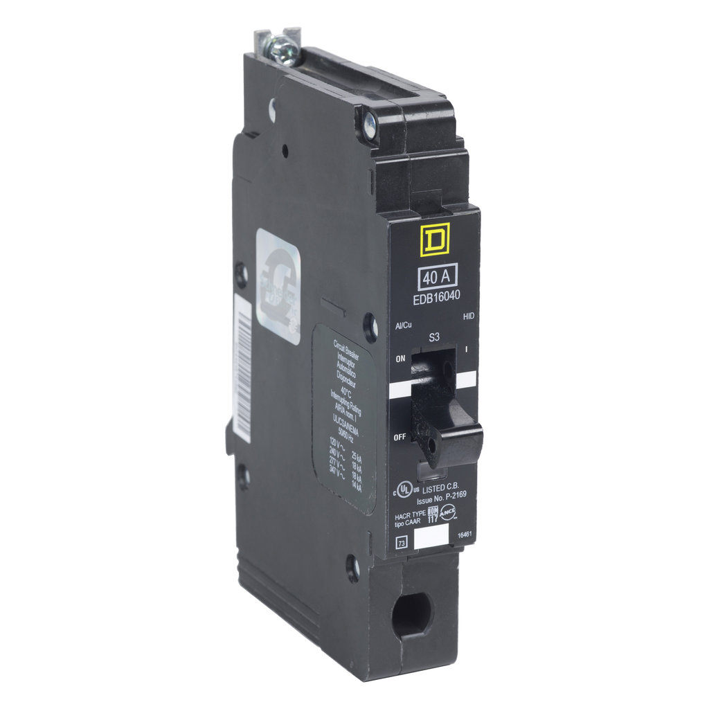 EDB16040 – Mini circuit breaker, E-Frame, 40A, 1 pole, 600Y/347VAC, 25kA max, bolt on