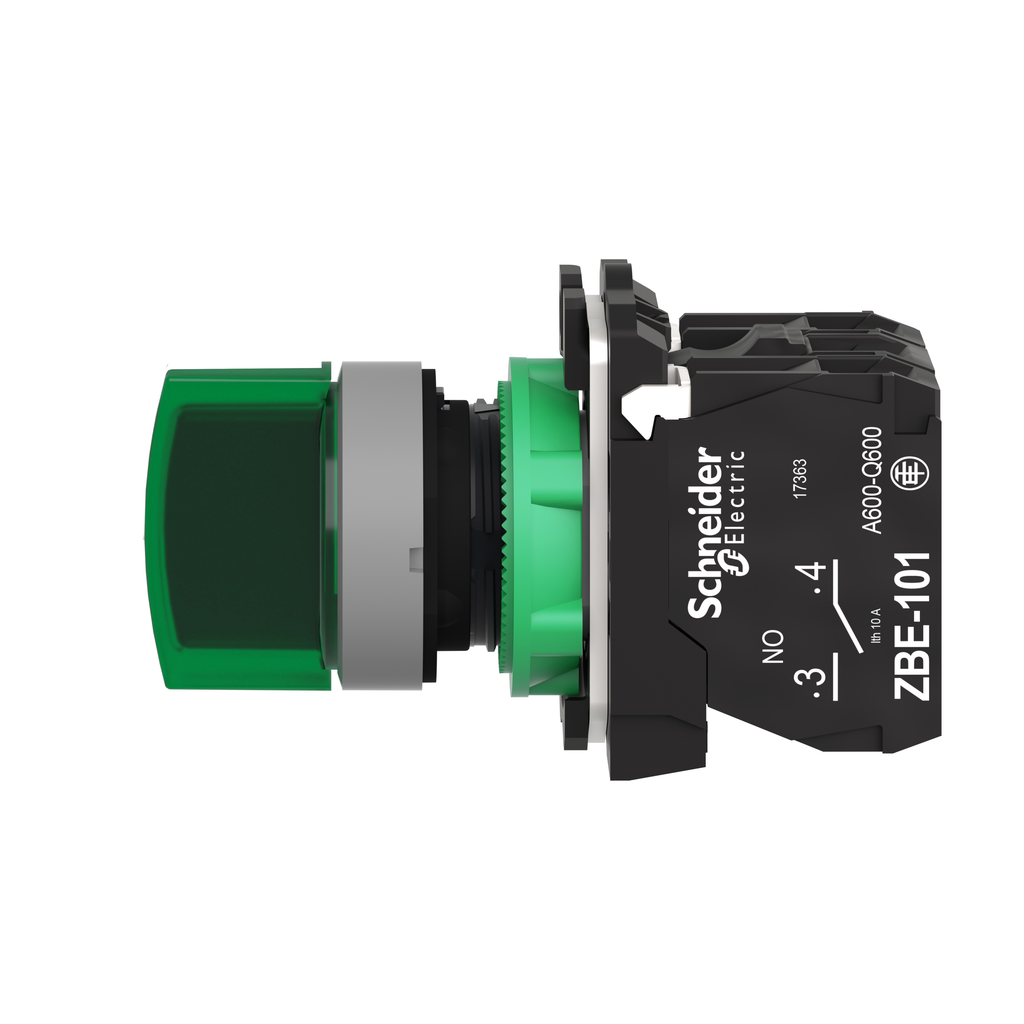 XB5AK133G5C0 – Illuminated selector switch, Harmony XB5, grey bezel, green handle, 22mm, universal LED, 3 positions, 1NO   1NC, 120V AC