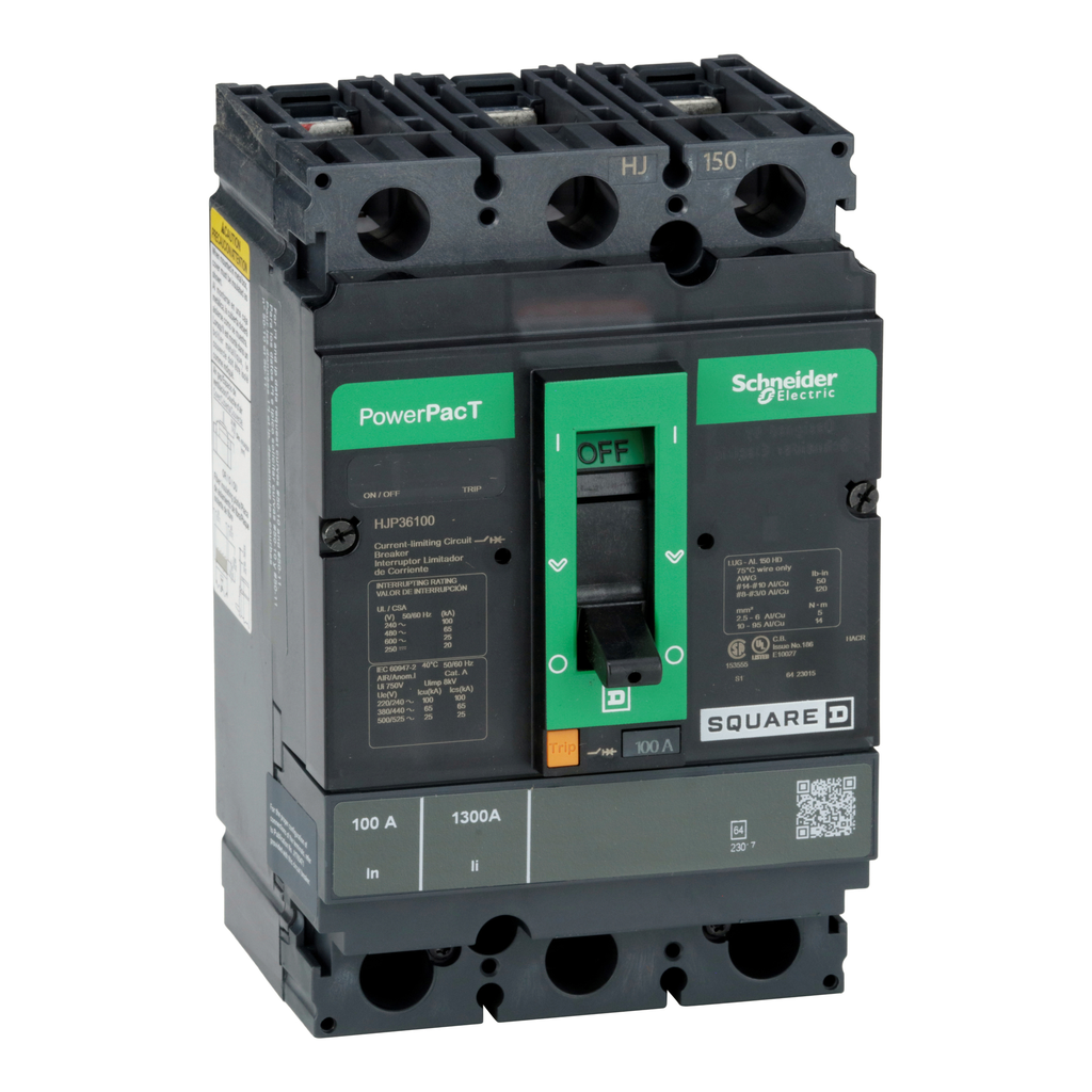 HJP36100 – Circuit breaker, PowerPacT H, 100A, 3 pole, 600VAC, 25kA, lugs, thermal magnetic, 80%
