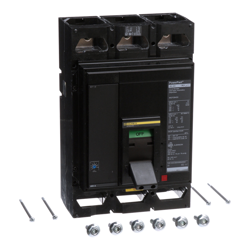 MGL36400 – Circuit breaker, PowerPacT M, 400A, 3 pole, 600VAC, 18kA, lugs, ET 1.0, 80%, ABC