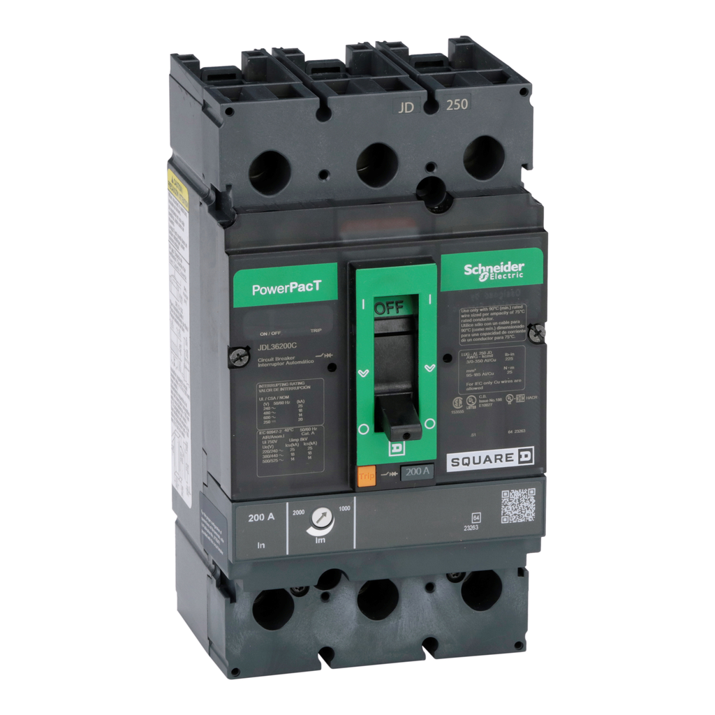 JDL36200C – Circuit breaker, PowerPacT J, 200A, 3 pole, 600VAC, 14kA, lugs, thermal magnetic, 100%