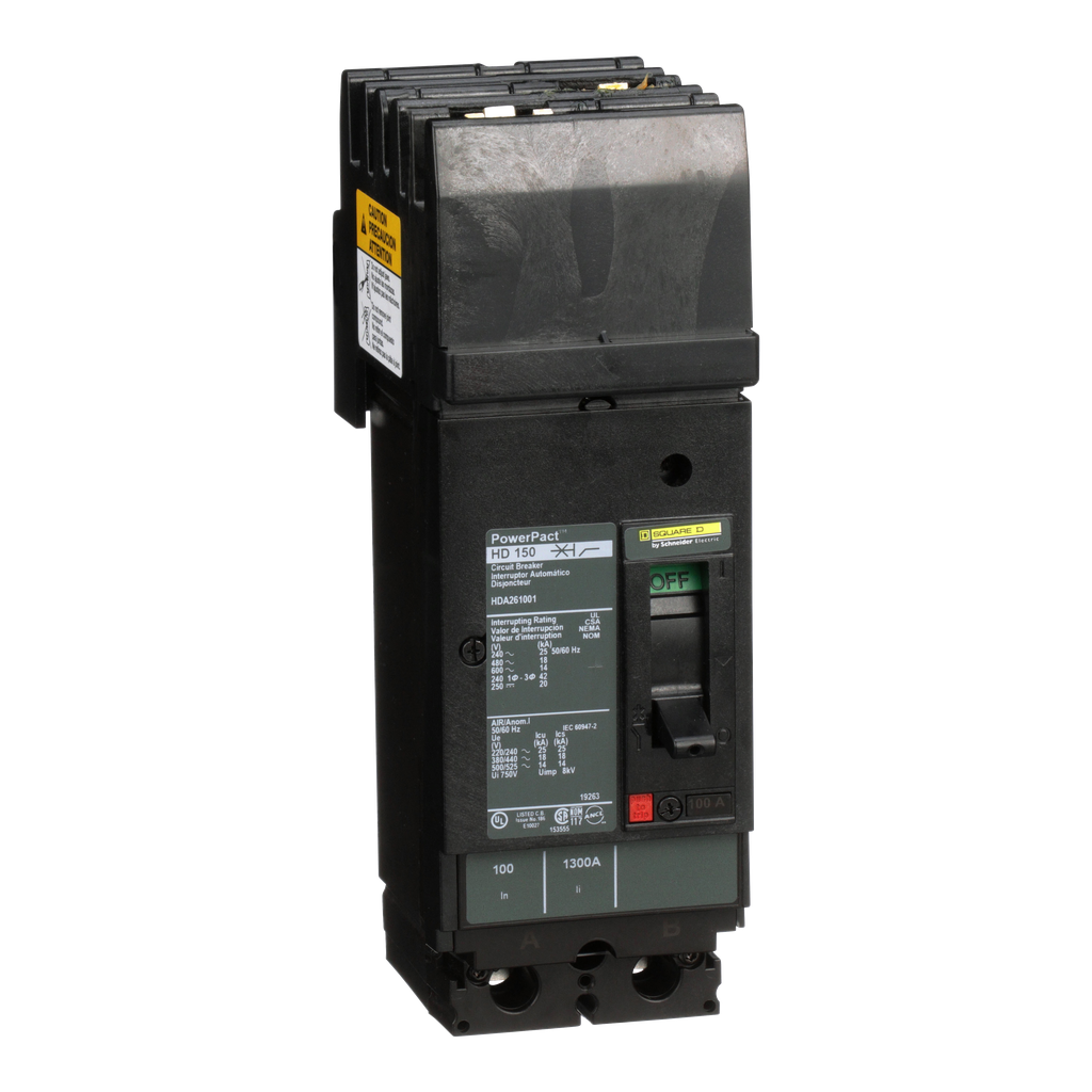 HDA261001 – Circuit breaker, PowerPacT H, 100A, 2 pole, 600VAC, 14kA, I-Line, thermal magnetic, 80%, AB
