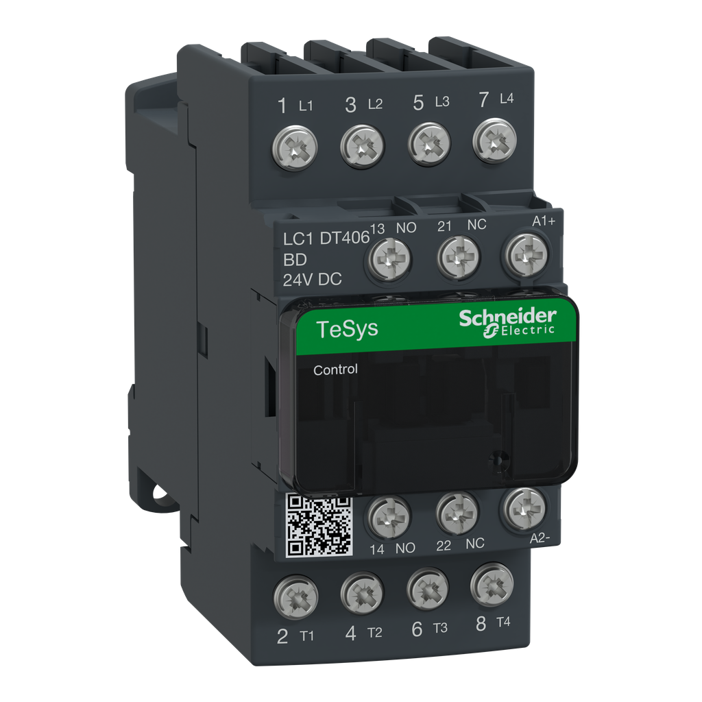 LC1DT406BD – IEC contactor, TeSys Deca, nonreversing, 40A resistive, 4 pole, 4 NO, 24VDC coil, open style