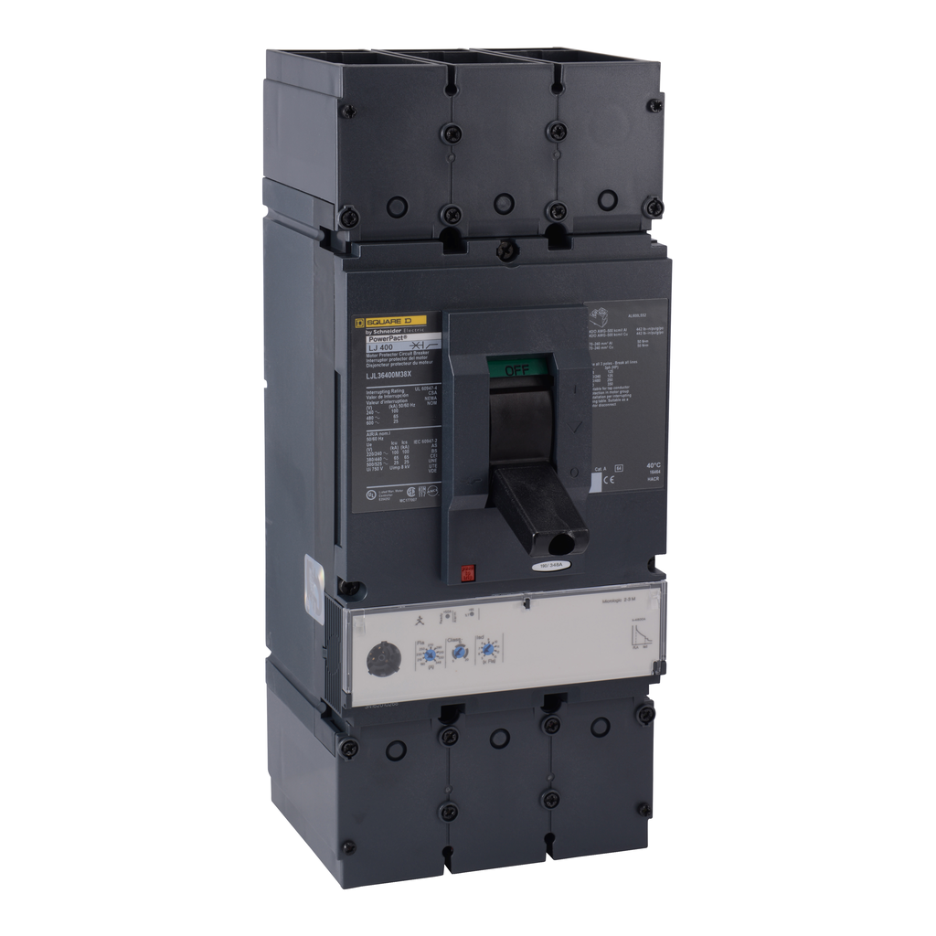 LJL36400M38X – Motor circuit protector, PowerPacT L, 400A, 3 pole, 600VAC, 25kA, lugs, MicroLogic 2.3M, 80%