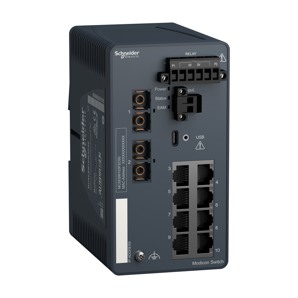 MCSESM103F2CS0 – network switch, Modicon Networking, managed, 8 ports for copper with 2 ports for fiber optic, singlemode