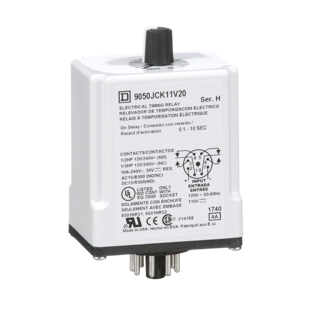 9050JCK11V20 – Timing Relay, Type JCK, plug In, on delay, adjustable time, 0.1 to 10 seconds, 10A, 240 VAC, 120 VAC/110 VDC