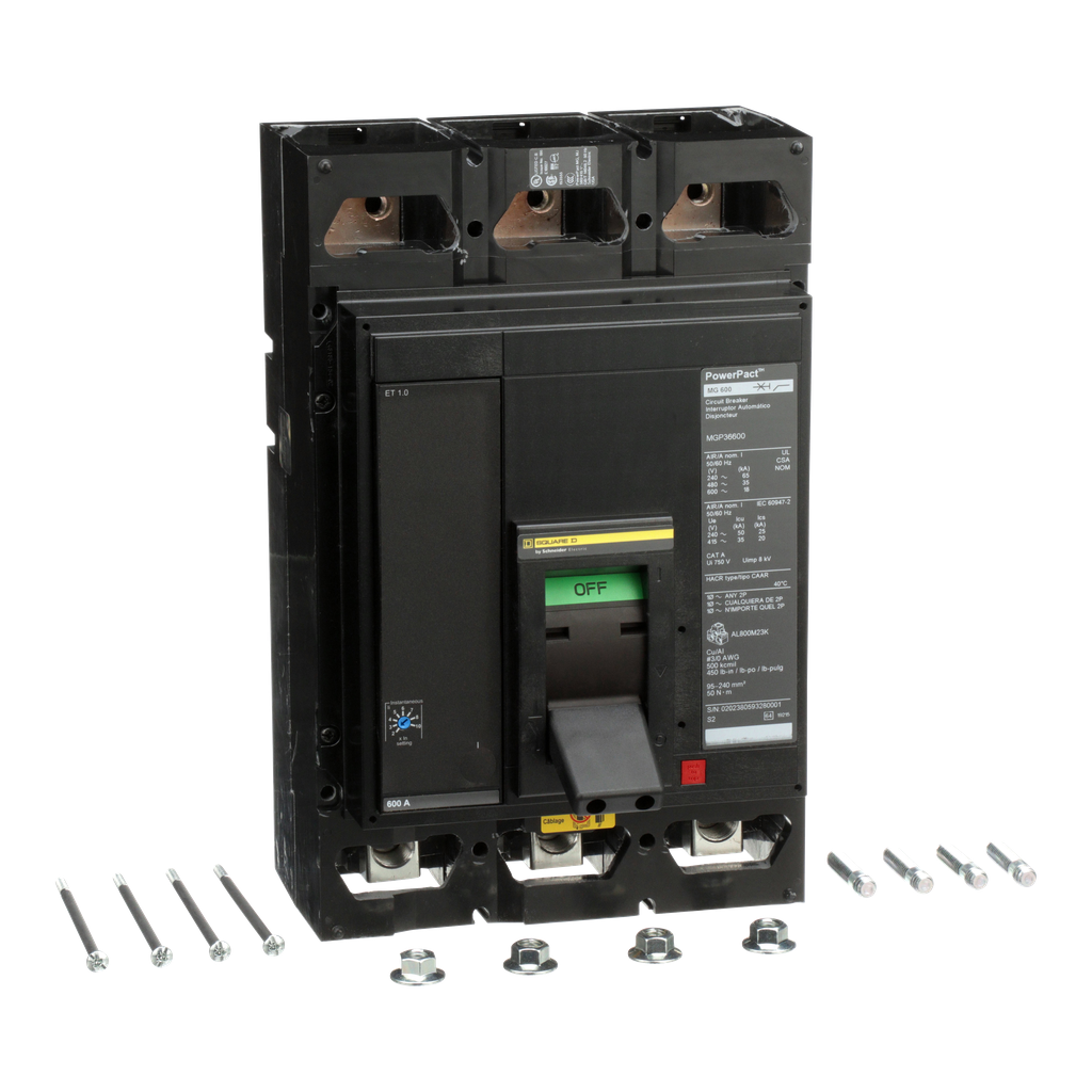 MGP36600 – Circuit breaker, PowerPacT M, 600A, 3 pole, 600VAC, 18kA, lugs, ET 1.0, 80%