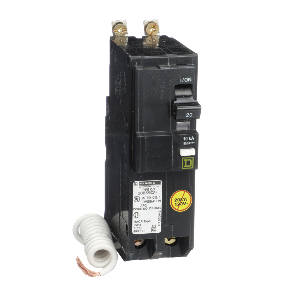QOB220CAFI – Mini circuit breaker, QO, 20A, 2 pole, 120/240VAC, 10kA, bolt on, combo ARC fault, pigtail