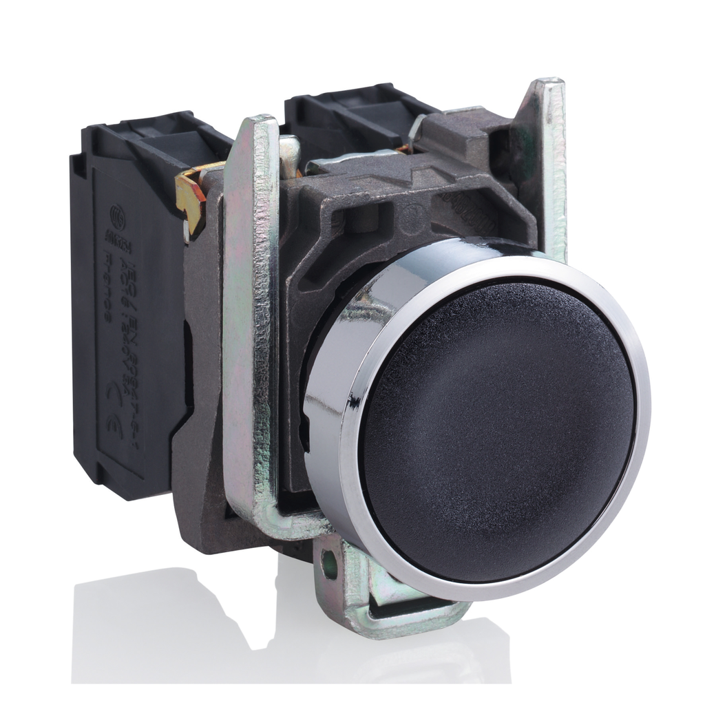 XB4BA25 – Push button, metal, Harmony XB4, flush, black, 22mm, spring return, unmarked, 1NO 1NC